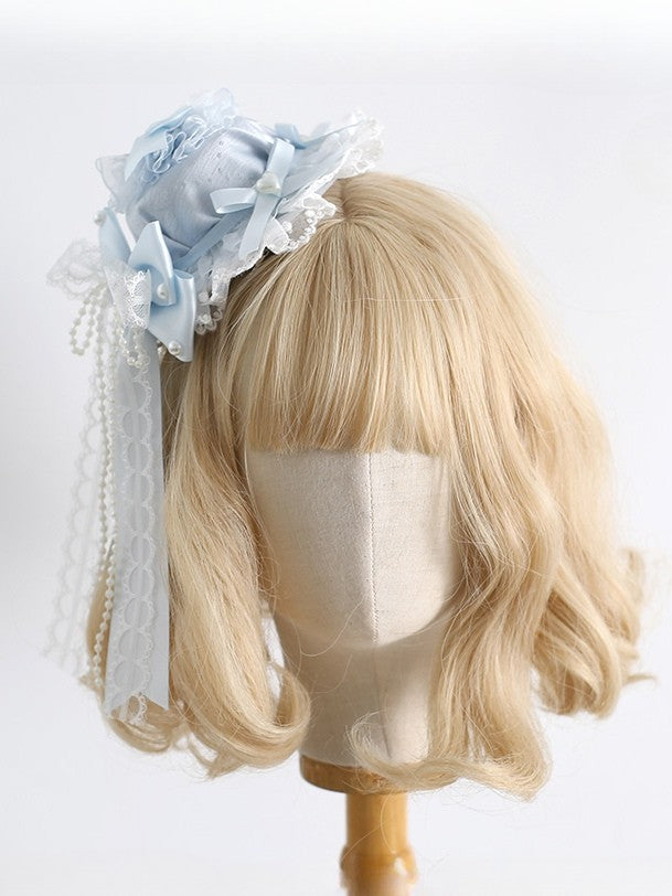 Lolita Clips Trim Blue with Pattern Lace Details Light Mini Bowknot Hat Sweet Decorated Beaded Polka-dot