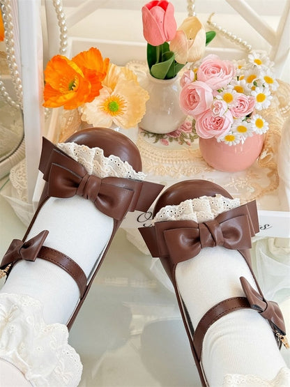 Toe Sweet Bows with Shoes Brown Jane Lolita Delicate Low-heel/Mid-heel Mary for Lace Round in