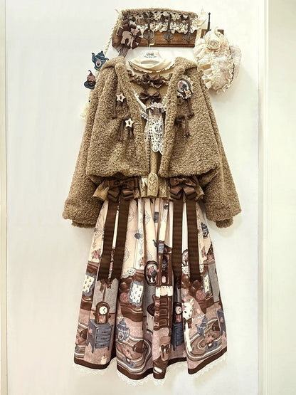 Brown Star-Accented Coat Toggles Sweet Plush with Drawstring Lolita
