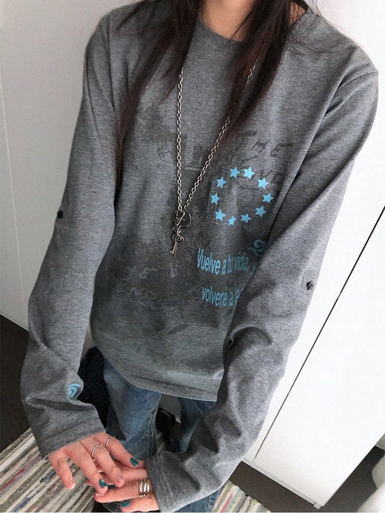 Y2K Gray Crew-Neck Long-Sleeved Loose Tee with Distressed Graphic - innomoood