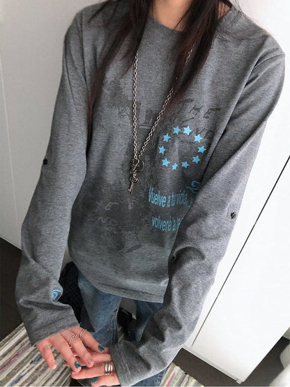 Y2K Gray Crew-Neck Long-Sleeved Loose Tee with Distressed Graphic - innomoood