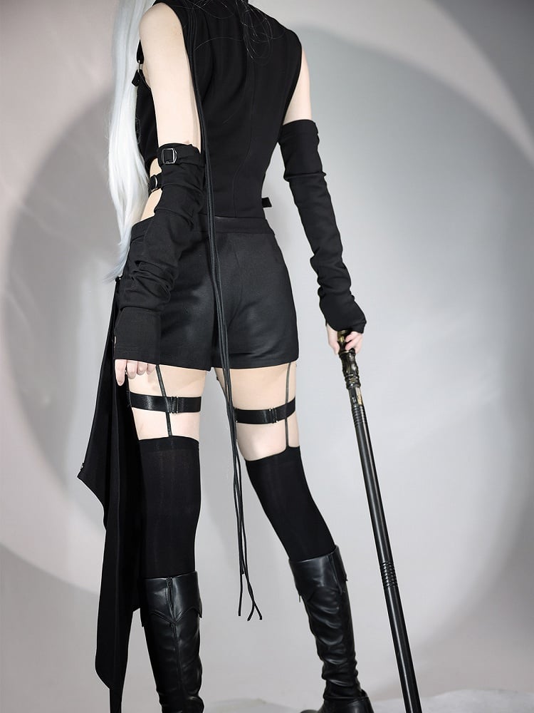 Gothic Lolita Black Top with Asymmetrical Design, Metal Buckle Detail, Shorts and Wrist Cuffs Set - Unknown Star