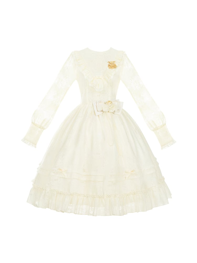 Beige Harp Embroidery Spring Semi-sheer Long Sleeves Elegant Classic Lolita Dress