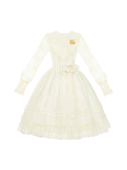 Beige Harp Embroidery Spring Semi-sheer Long Sleeves Elegant Classic Lolita Dress