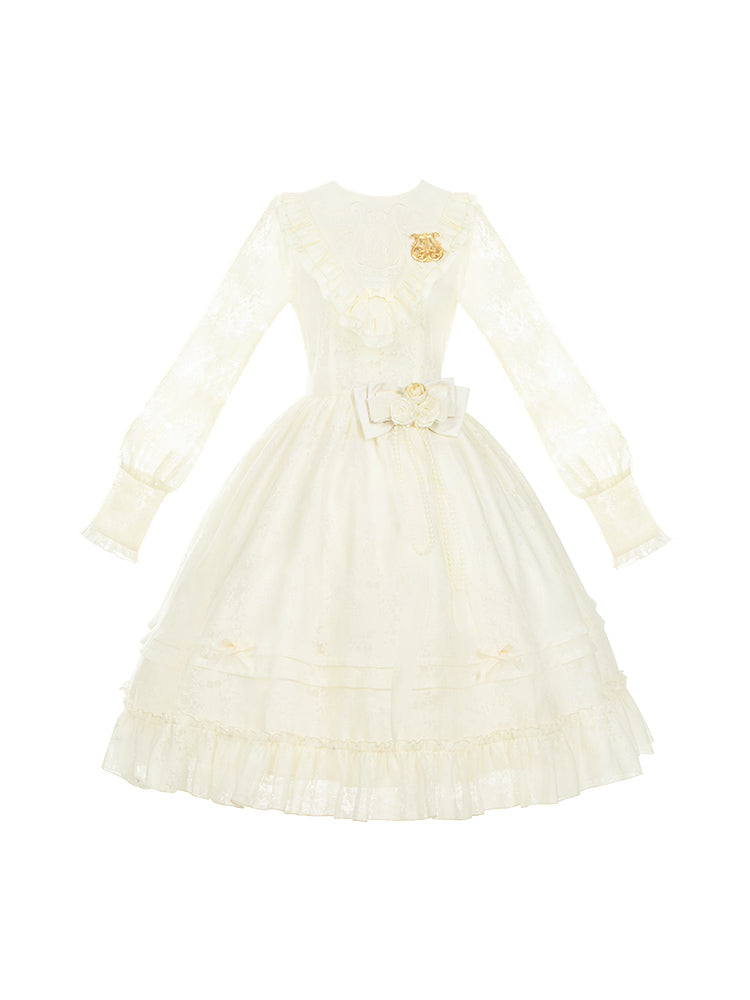 Beige Elegante Ärmel Klassische Frühling Lolita Kleid Stickerei Semi-transparent Harfe Lange