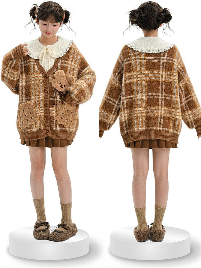 Brown Cute Cookie Bear Adorned Plaid Loose Cardigan