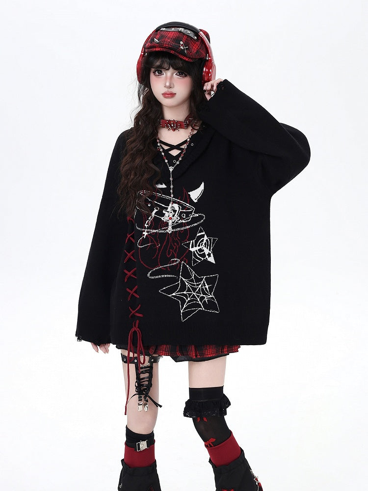 Black/Gray Lace-Up Sweater with Spiderweb Pentagram  Choker Print Gothic
