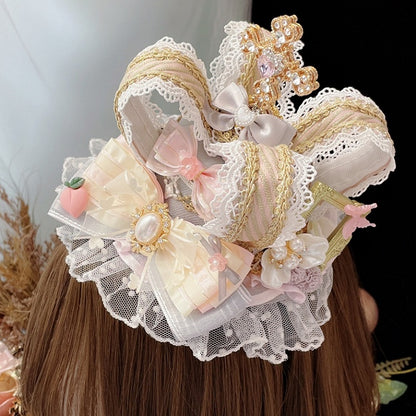 PinkGray Floral Cross Design Mini Rhinestone And Decorated Crown Peach Lace Trim Hat