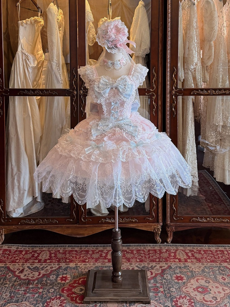 Pink Multi-Layer Lace Trim Lolita JSK with Bow and Bead Chain Decorations - White Sugar Girl