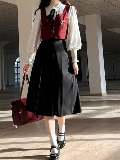 Details Bishop White Ruffle Sleeves Chiffon Blouse with Pleating Neckline