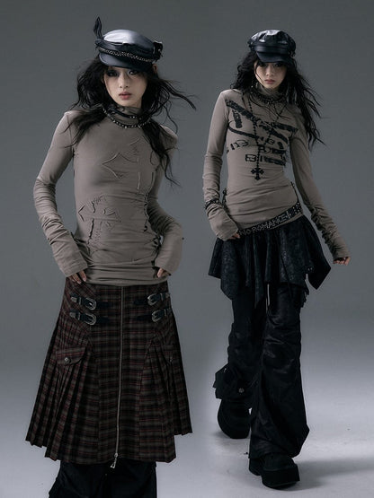 Khaki/Dunkelrotes Wendbares Top mit hohem Kragen