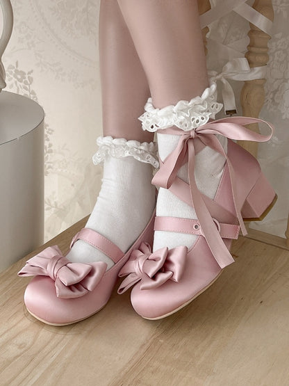 Pink Mary Toe Janes Top Balletcore Satin - Bow Round at Lace-up Ankle