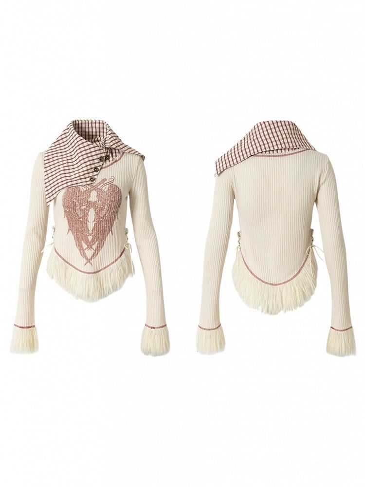 Shawl Vintage Red Print Christmas Plaid Knit Punk Top White Collar Wing with