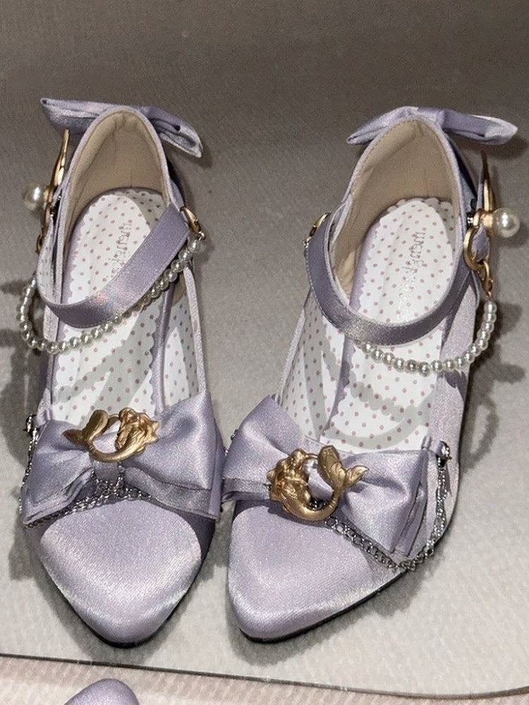 Purple Pointed Toe Shoes with Bowknot, Pearl & Mermaid Design - Meng Ka Jiang