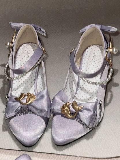Purple Pointed Toe Shoes with Bowknot, Pearl & Mermaid Design - Meng Ka Jiang