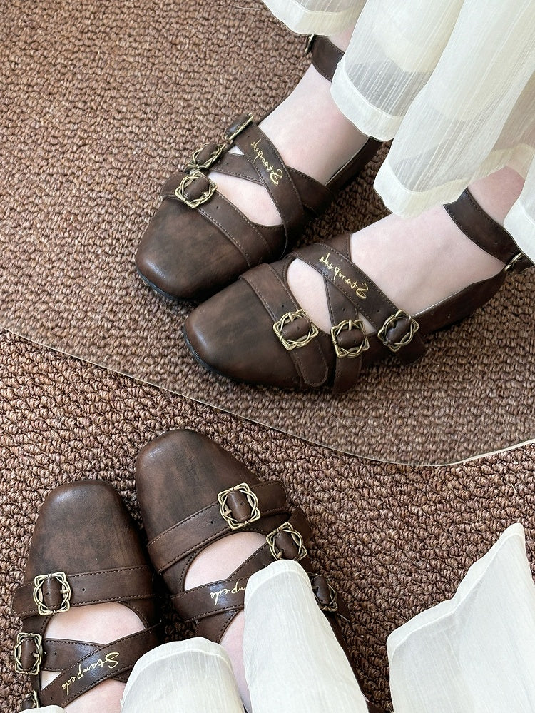 Toe Low Brown with Design Heels Lolita Crisscross Classic Shoes Square