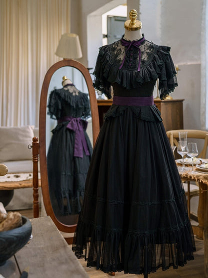 Lolita Schmetterlingsgürtel Schwarzes Kleid Taille Elegant Klassisch mit Ärmeln Illusion Ausschnitt Lila Edward