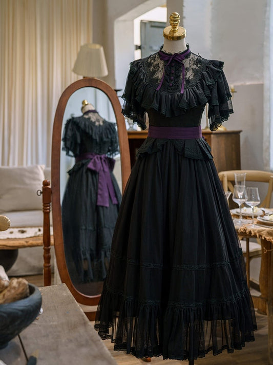 Lolita Schmetterlingsgürtel Schwarzes Kleid Taille Elegant Klassisch mit Ärmeln Illusion Ausschnitt Lila Edward