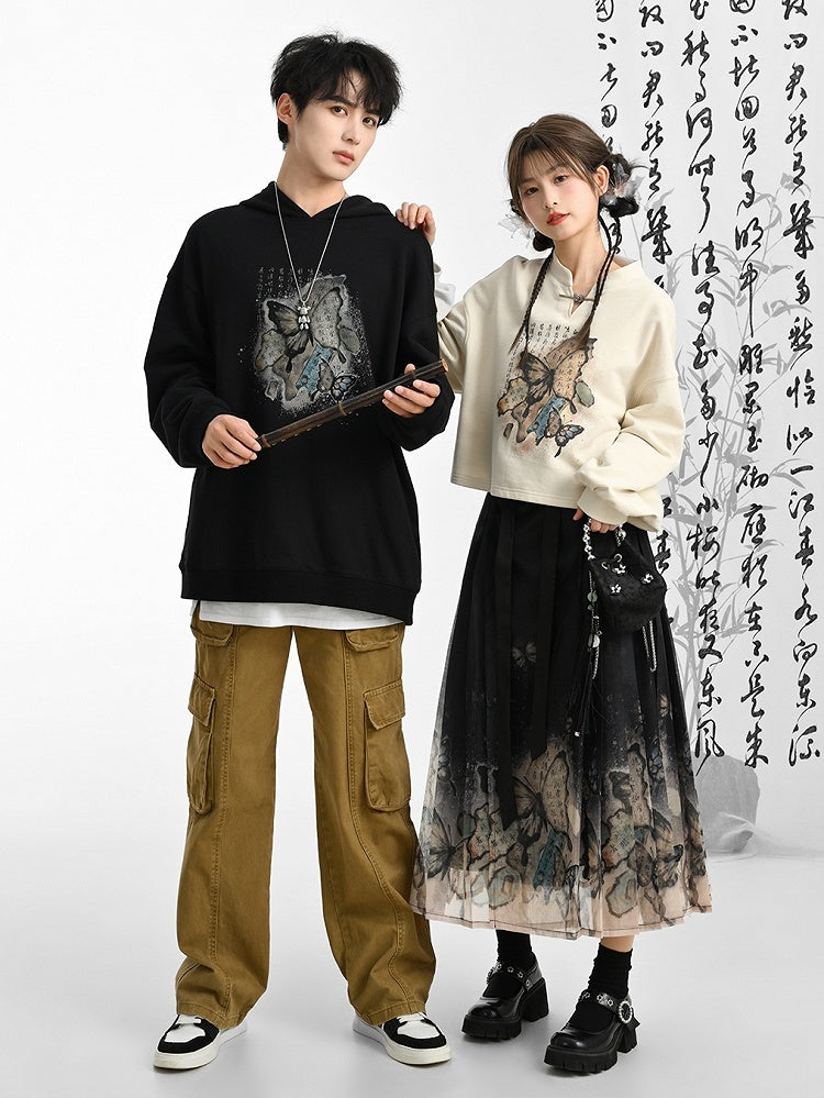 Gebänderter Sweatshirtkragen Schmetterlingsstil Cheongsam-Druck Schwarz/Apricot