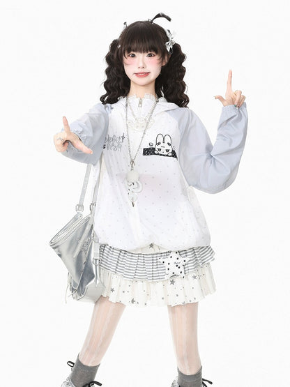 Charming White Rabbit-Ear Hooded UV Coat with Dotted Print