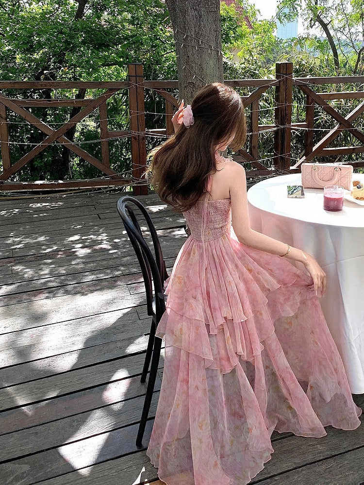 Pink Oil Painting Print Ruffle Trim Summer Holiday Dress - Qchiwawameme