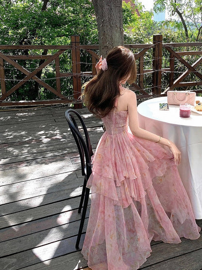 Pink Oil Painting Print Ruffle Trim Summer Holiday Dress - Qchiwawameme