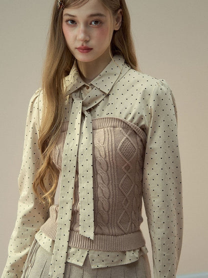 Dot Kint Polka Blouse Patchwork with Bow Tie Cable Khaki