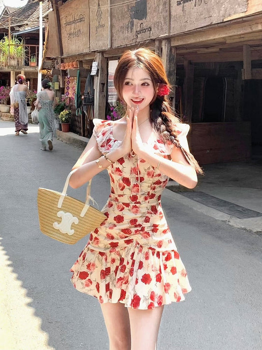 White Holiday Dress with Red Rose Print - Qchiwawameme