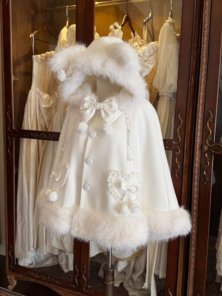 White Cat Ear Sweet Lolita Winter Cape with Plush Trim Bow Accents - Sweetheart Dream