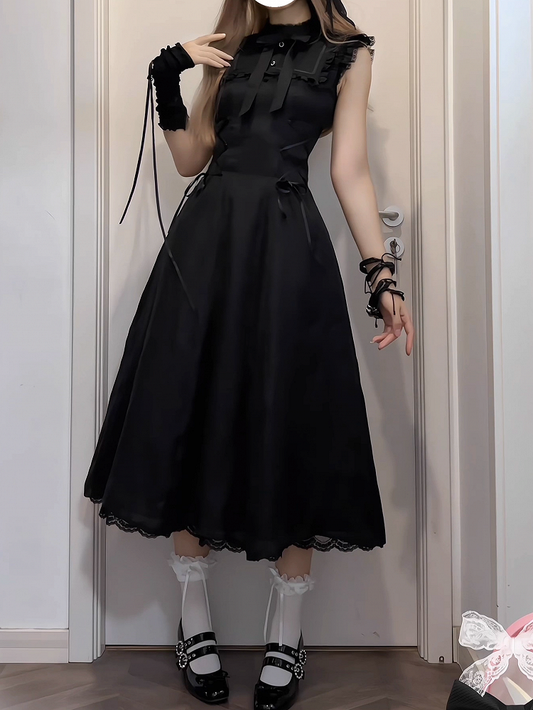 Version Waist Sleeveswith Long Ballet Dress:Flutter Black Lace-Up Style PureInnocent
