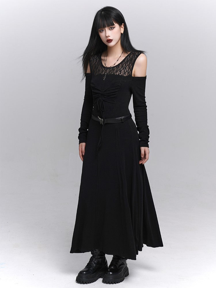 Gothic with Black Two-Piece Neckline Lace Embroidered Dress Faux