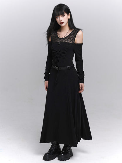 Gothic with Black Two-Piece Neckline Lace Embroidered Dress Faux