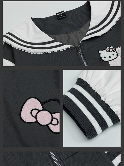 Grey/Navy Blue Kitty Embroidery Sailor Collar Spring Zip Jacket