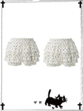 Pastel Gothic White Allover Cat Paw and Cross Print Tiered Ruffles Skort