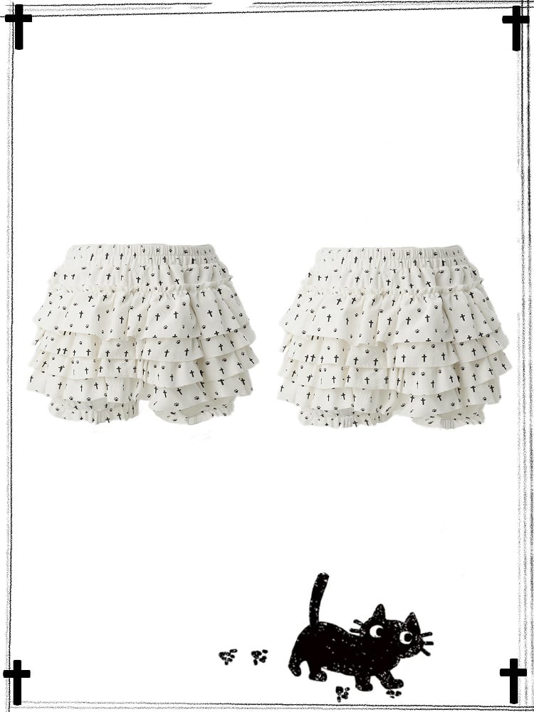 Pastel Gothic White Allover Cat Paw and Cross Print Tiered Ruffles Skort