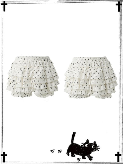 Pastel Gothic White Allover Cat Paw and Cross Print Tiered Ruffles Skort