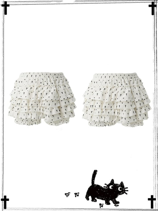 Pastel Gothic White Allover Cat Paw and Cross Print Tiered Ruffles Skort