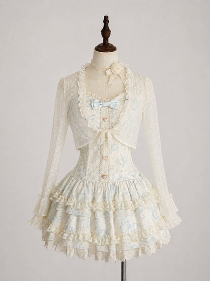 Azure Bow-Adorned Boned Bustier Gown with Lace Bolero - Sweet Dream