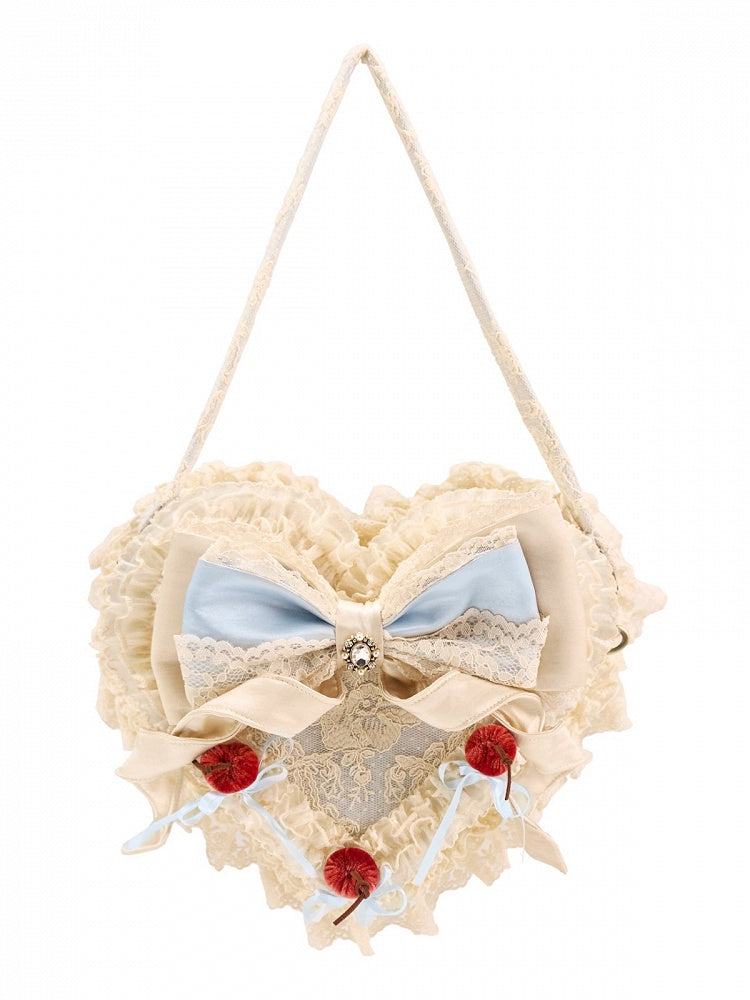 Heart Shaped Handbag with Lace, Bows & Cherry Details in Blue or Pink - Blood Supply