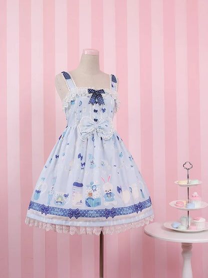 キュートなクマ柄 ブルー/ネイビー ウエスト ライトブルー エンパイア