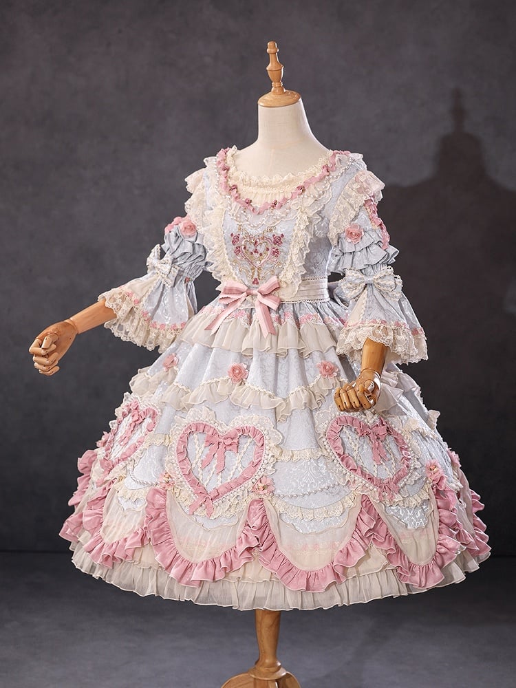 Wunderschönes Hanayome Lolita-Kleid mit Rosettenstickerei und Perlenkettendetails, Hellgrau