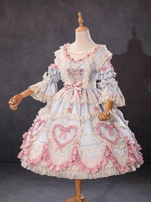Wunderschönes Hanayome Lolita-Kleid mit Rosettenstickerei und Perlenkettendetails, Hellgrau
