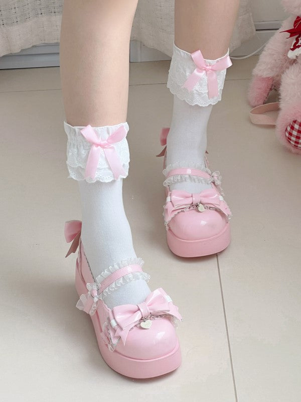 White Pink/White/Red/Black With Bowknots Lolita Calf Socks