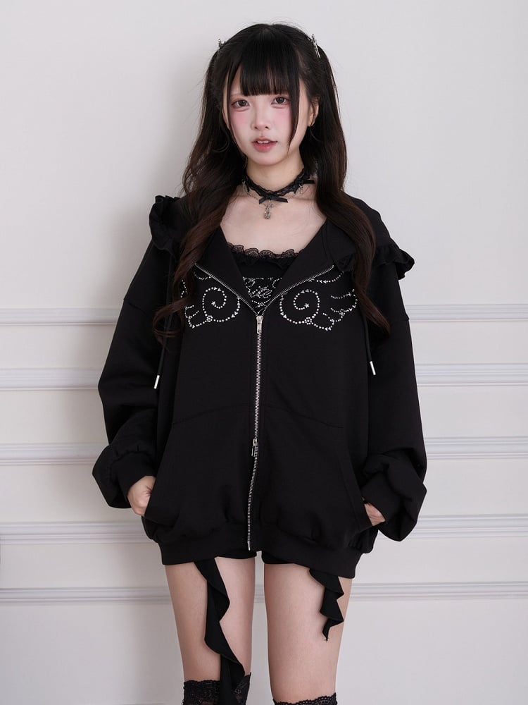 Black Jirai Kei Wing Rhinestone Zip Hoodie Ruffle Trim