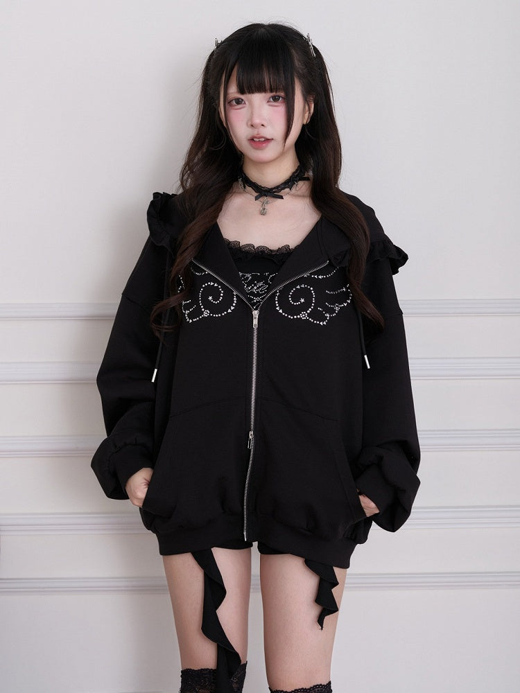 Black Shorts with Cross-Shaped Rhinestone Accents - No Genki