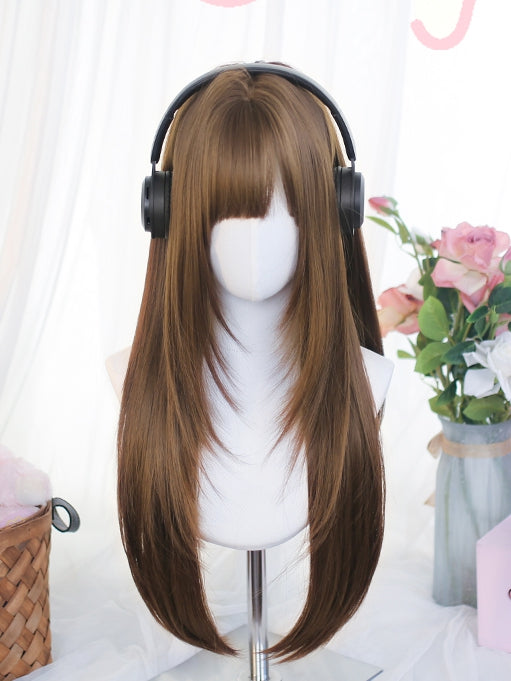 60–65 cm lange, glatte Perücke mit braunem Pony