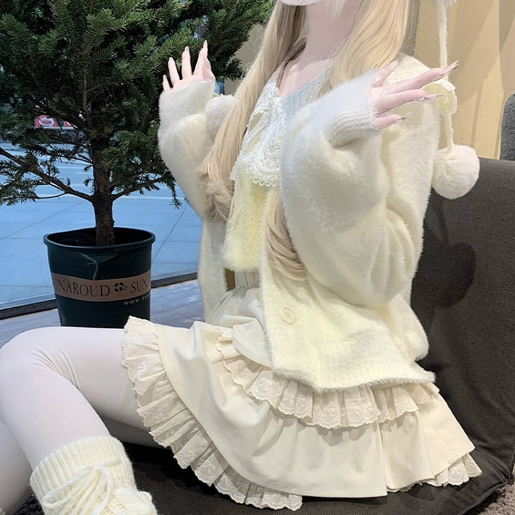 イエローのラウンドフラットカラーセーター+ホワイトカーディガン+ダブルトリプルレイヤー裏地付きスカート