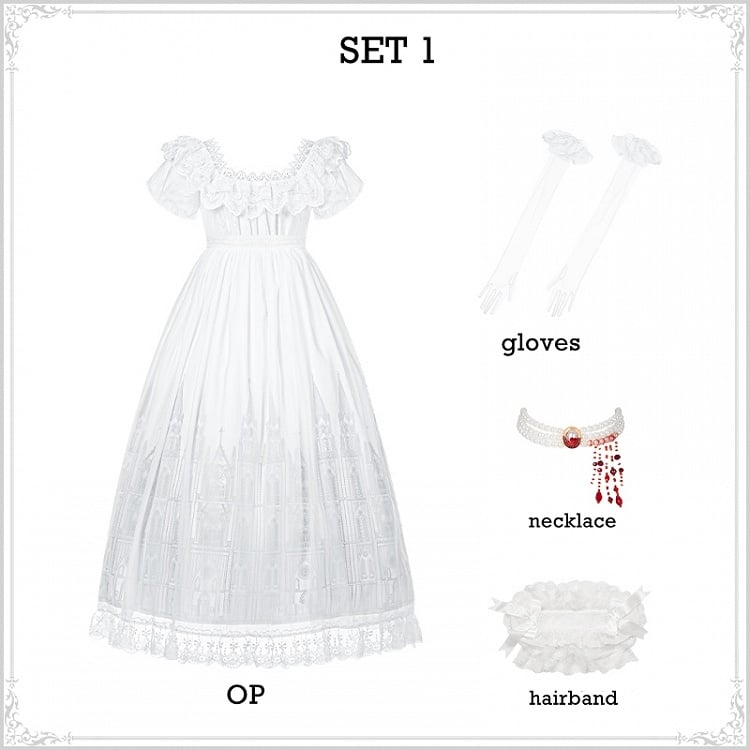 Set OP Lolita Long Goth Neckline White Version Print Full Castle Square Dress