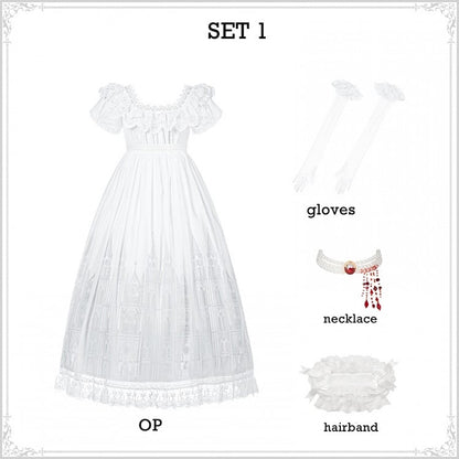 Set OP Lolita Long Goth Neckline White Version Print Full Castle Square Dress