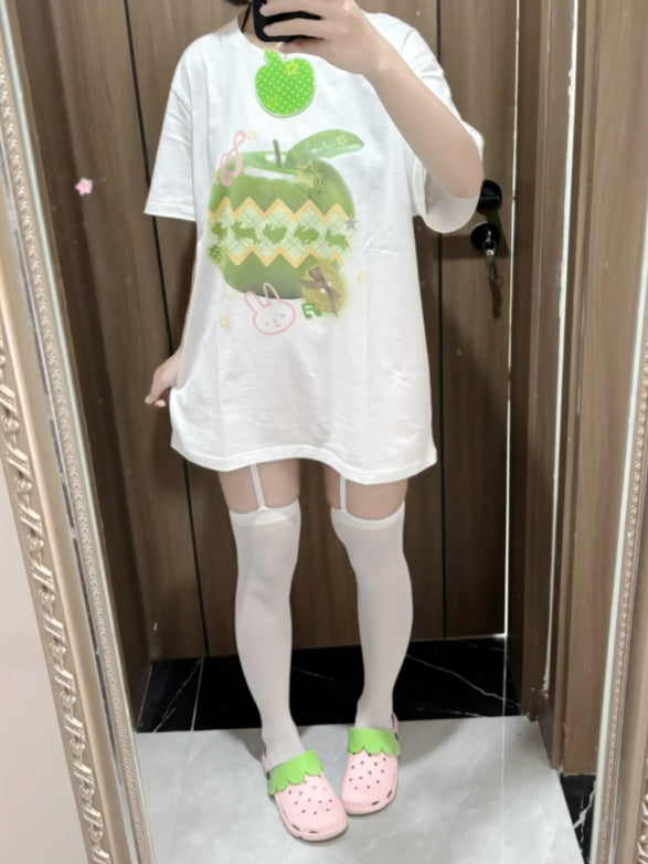 Green Apple Print White Round Neck Cotton T-Shirt Apple Choker Free with